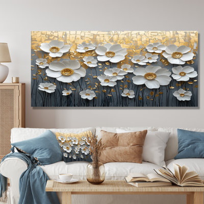 Mudasar, fleurs blanches et dorées, fleurs sauvages V - Art mural grand fleurs sauvages