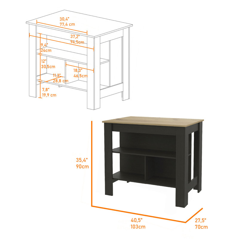 Îlot de cuisine, table de cuisine H 35 po, quatre pieds, trois tablettes de rangement ouvertes, Noir / brun