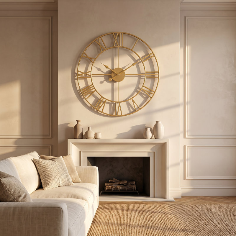 Horloge murale 23,6 po en fer avec design rétro rétro et cadre en métal, Gold