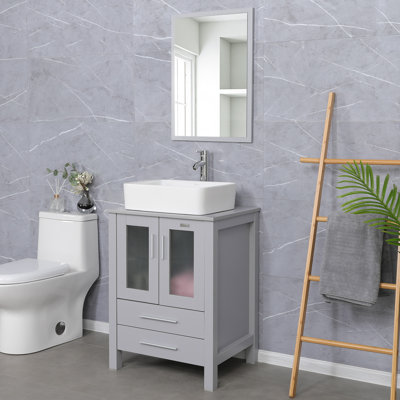  Ensemble de meuble-lavabo simple 24 po avec plateau en bois manufacturé, lavabo en céramique et robinet économiseur d'eau