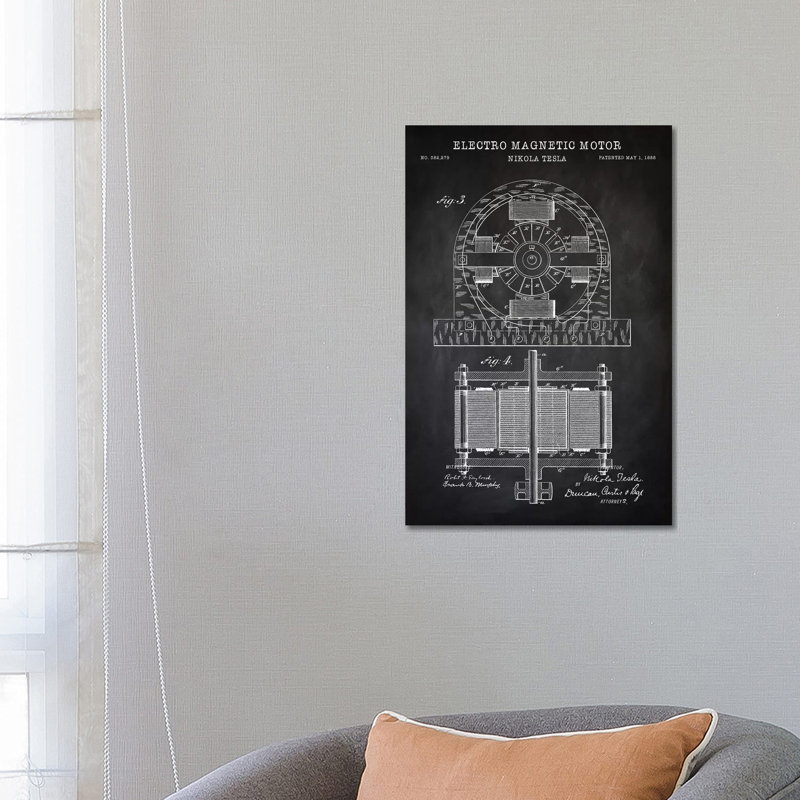 Tesla Electro Magnetic Motor, Black by PatentPrintStore - Wrapped Canvas Print, 66.04 cm H x 45.72 cm W x 3.175 cm D