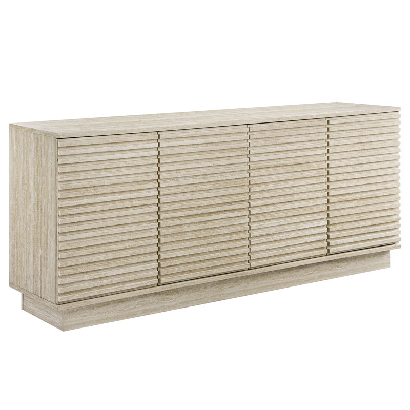 Mid-Century Modern 70" Beige Faux Travertine Sideboard Cabinet