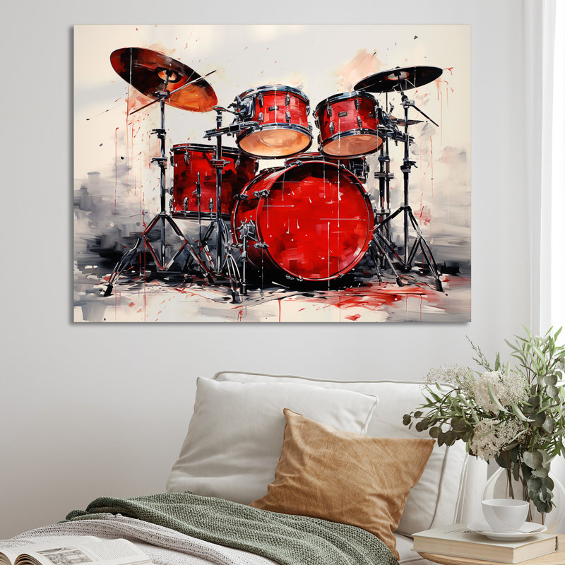 Music Drums Pulse Deep Red I - Impressions sur toile, Toile tendue, H 30 po x l 40 po x P 1,5 po