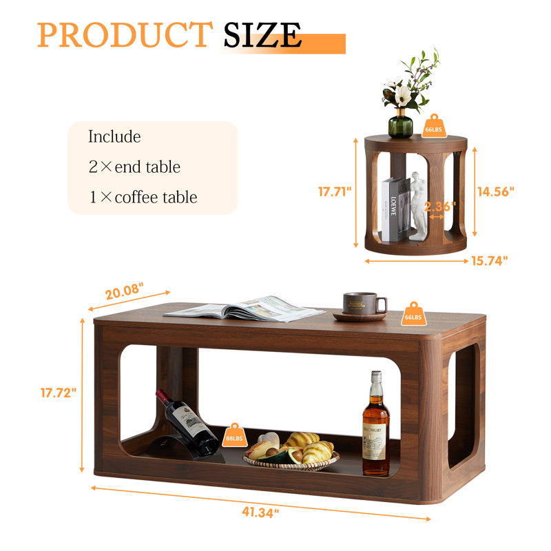 Kaigen 3 - Piece Living Room Table Set, Brown Wood