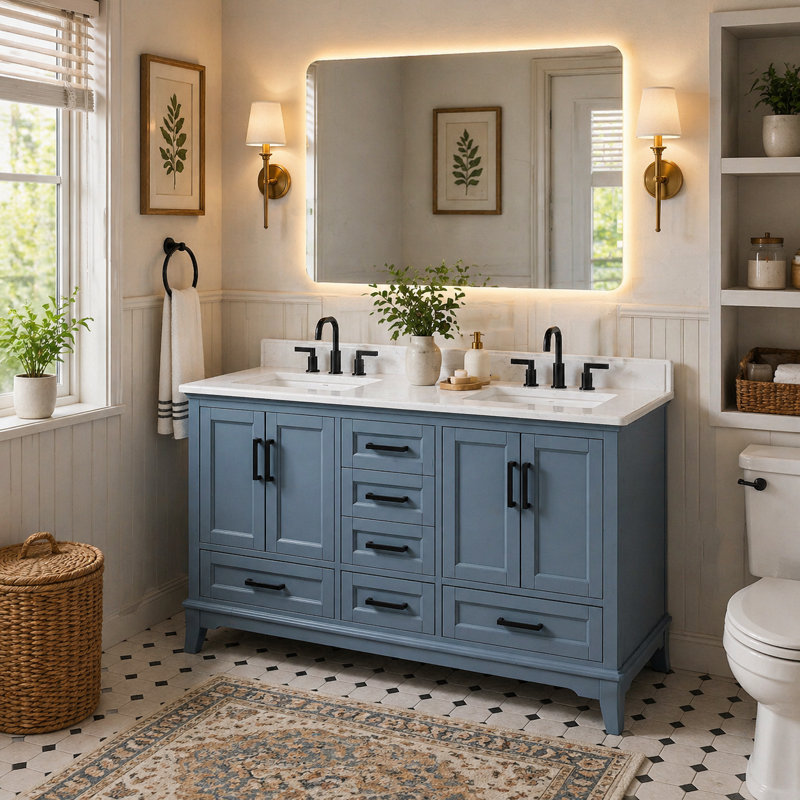 Allendale 60" Freestanding Double Sink Bathroom Vanity With Quartz Top, 60", Blue