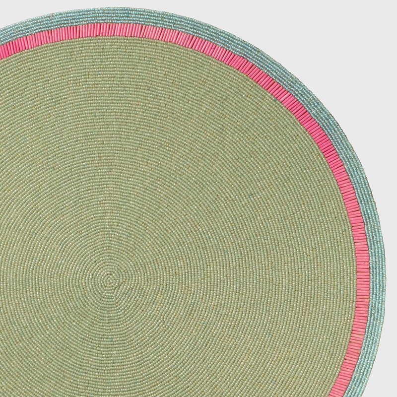 100% Cotton Round Beaded Placemat, Pink/Sea Foam