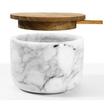 Salt And Pepper Bowl, Marble Salt Cellar And Spices Storage Container With Built-In Spoon And Acacia Wood Lid - 6.5Oz Capacity (White)