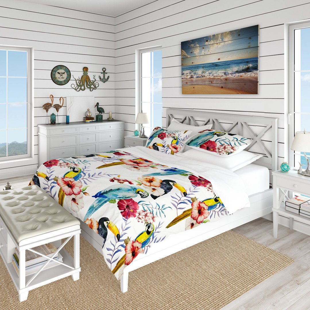 Designart Parrots, Hibiscus and Toucan Duvet Cover Set Design Art 