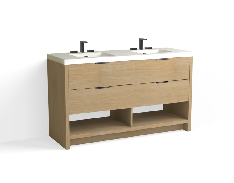 Vue 60" W Freestanding Double Bathroom Vanity, Matte White/8" Widespread, White Nanomatte, Satin Brass