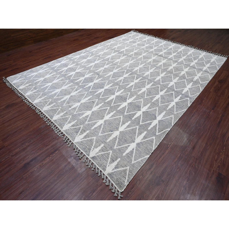 Tapis marocain 9 pi 1 po x 12 pi 4 po, tissage marocain à motif géométrique répétitif, noué à la main, ton sur ton, laine douce, velours texturé, tapis oriental