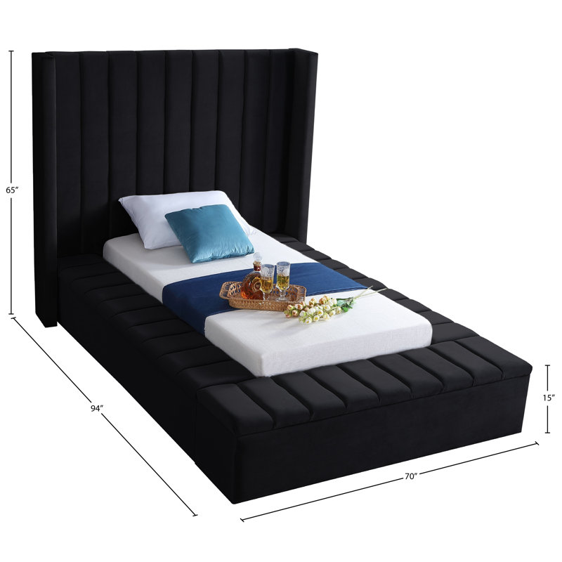 Rick Upholstered Wingback Bed, Black Velvet, Twin