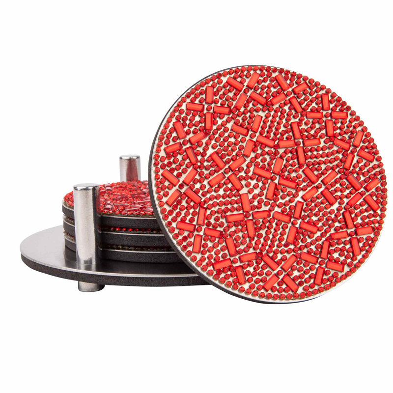 Sparkles Home | Ensemble de sous-verres avec support Madison Avenue | Acier inoxydable et pierres du Rhin | 4 pièces, Rouge
