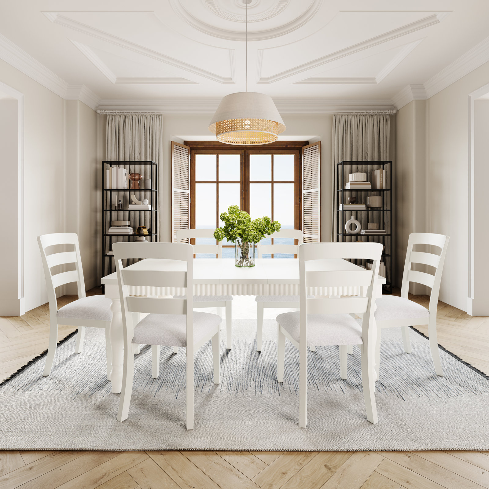 Alper Dining Table Set with Removable Leaf, 7 Pieces: Table, 6 Chairs, White