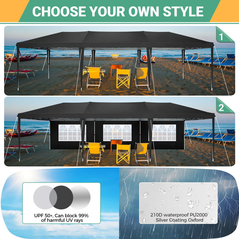 10x30 Pop Up Canopy Tent with Removable Sidewalls, Black