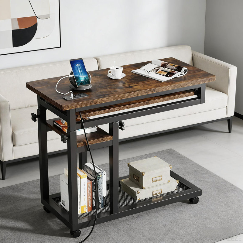 Table d'appoint avec roulettes, table mobile en C durable, bureau étroit, station de charge pratique