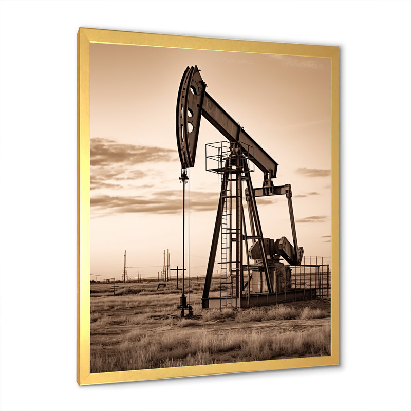«Sepia Oil Drilling Rig Fields Horizon», reproduction sur toile, Cadre doré simple, H 32 po x l 24 po x P 1 po