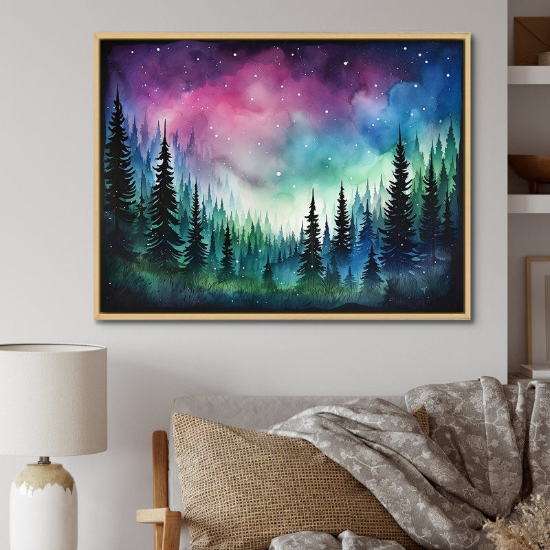 «Mauve Aurora Borealis Mountains I - Winter Mountains», art mural, Cadre flottant brun, H 12 po x l 20 po x P 1 po