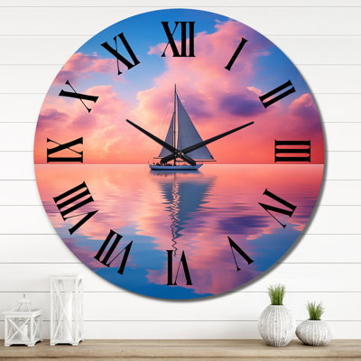 Horloge murale voilier rose et coucher de soleil