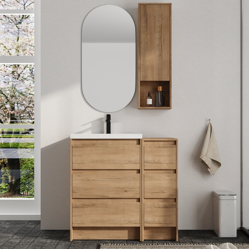 Meuble-lavabo sur pied simple 36 po avec plateau en résine et rangement mural pour salle de bain 12 po Vowar
