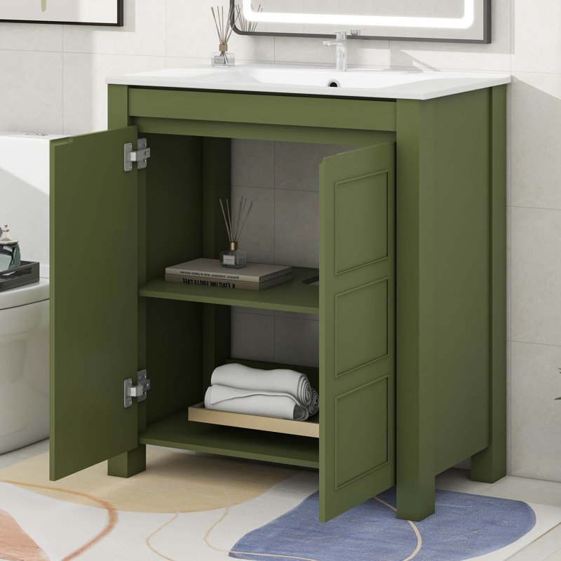 30" Rustic Bathroom Vanity With Ceramic Sink, Soft-Close Doors & Adjustable Shelf, Olive Green