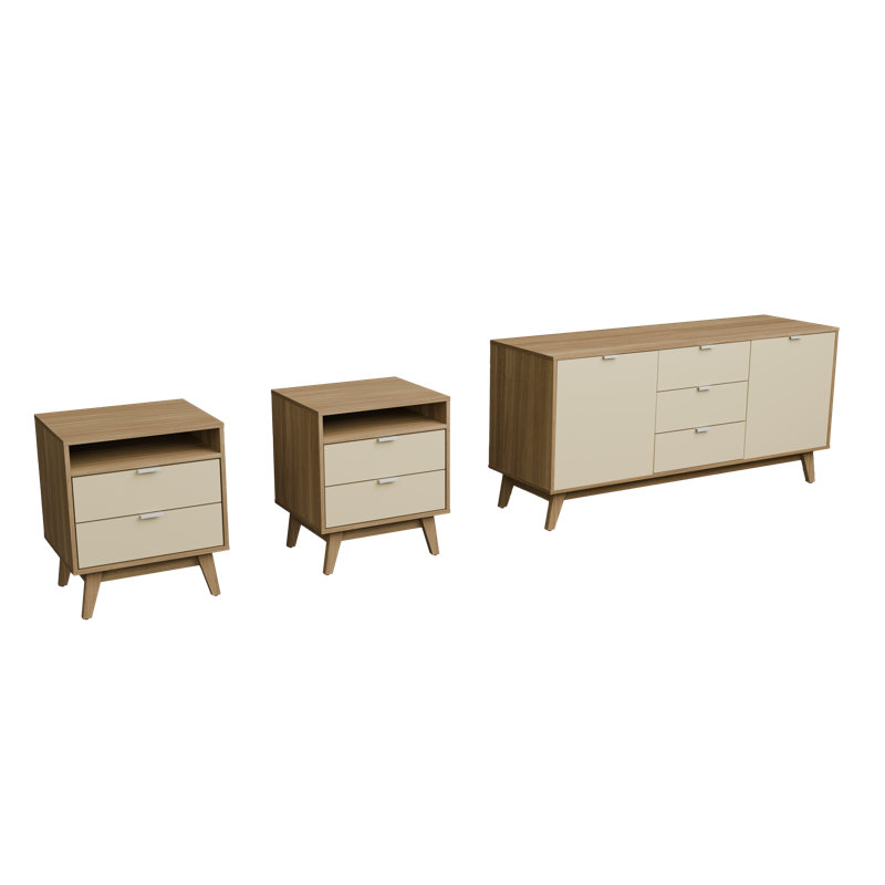 Siena 3-Piece Mid-Century Storage Set With 59" TV Stand And Two 2-Drawer Nightstands