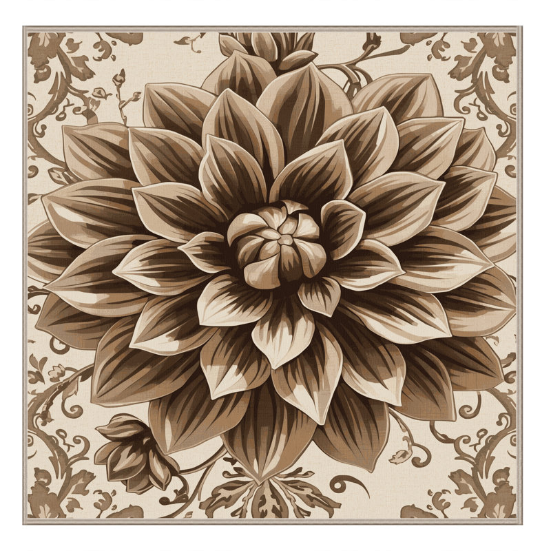 Tapis floral moelleux et doux à motif floral dahlia beige - reliure beige, Carré 5 pi