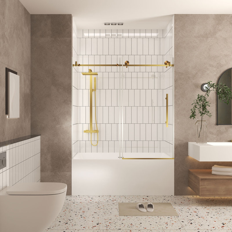 Frameless Shower Door 56-60 "W X 60" H, 1/4 "(6 Mm) Clear Tempered Glass, Explosion Proof Film, Stainless Steel Handle