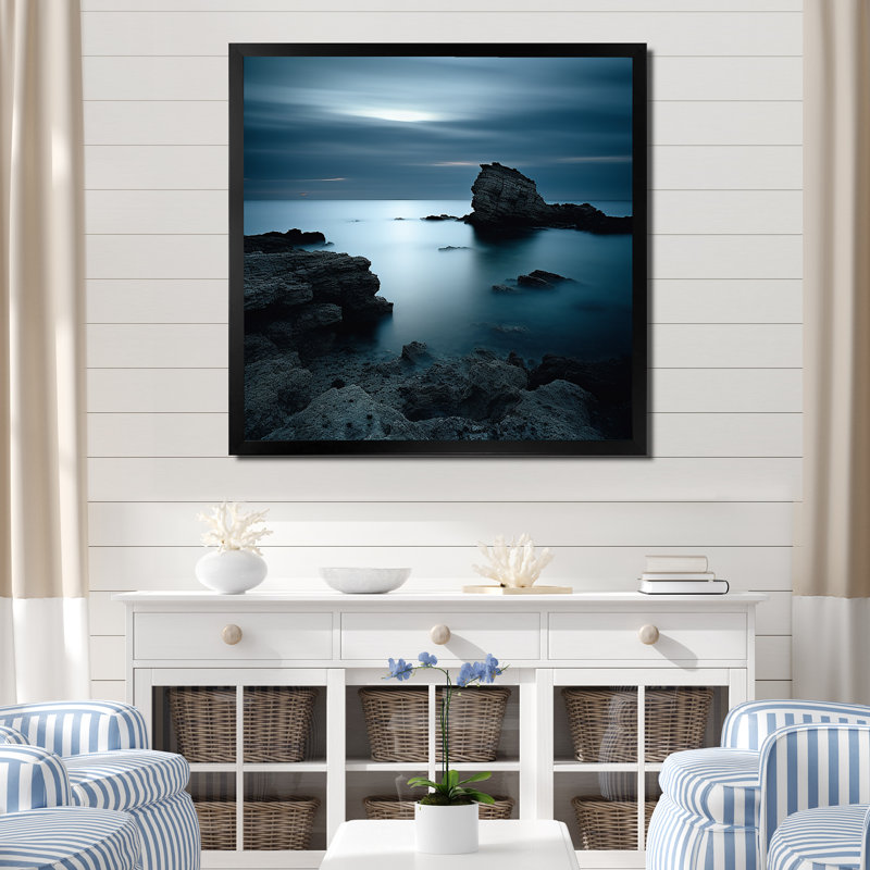«Black and Blue Rocky Beach Horizon», reproduction d'art mural plage et océan, Cadre simple noir, H 16 po x l 16 po x P 1 po