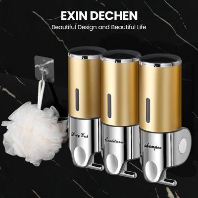 7.87"x10.23"x3.22"Wall Mounted Shower Soap Dispenser Set, 17oz No-Drill Refillable Plastic Pump Bottles with Soap Dish and Hook, Set of 3, (Gold)