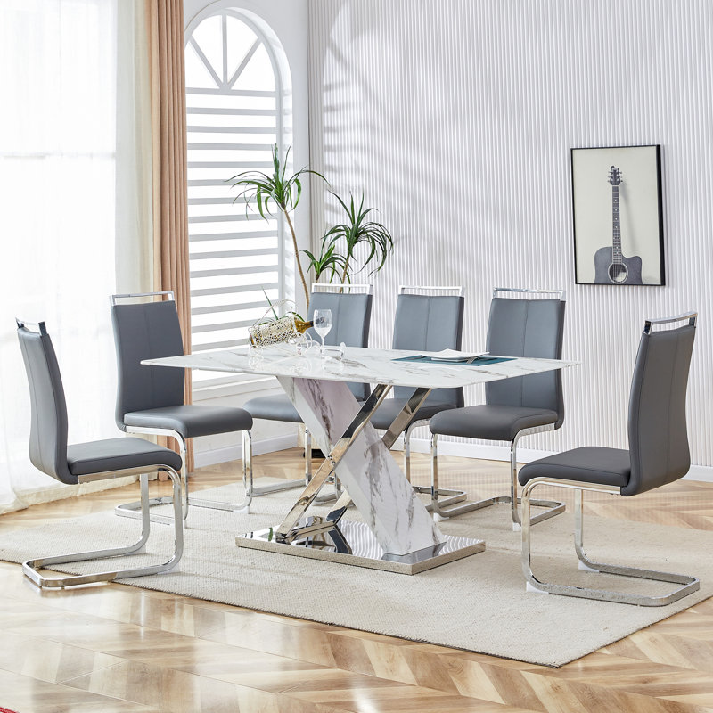 7-Piece Modern Rectangular Faux Marble Dining Set with Faux Leather Cantilever Chairs, Dark Gray