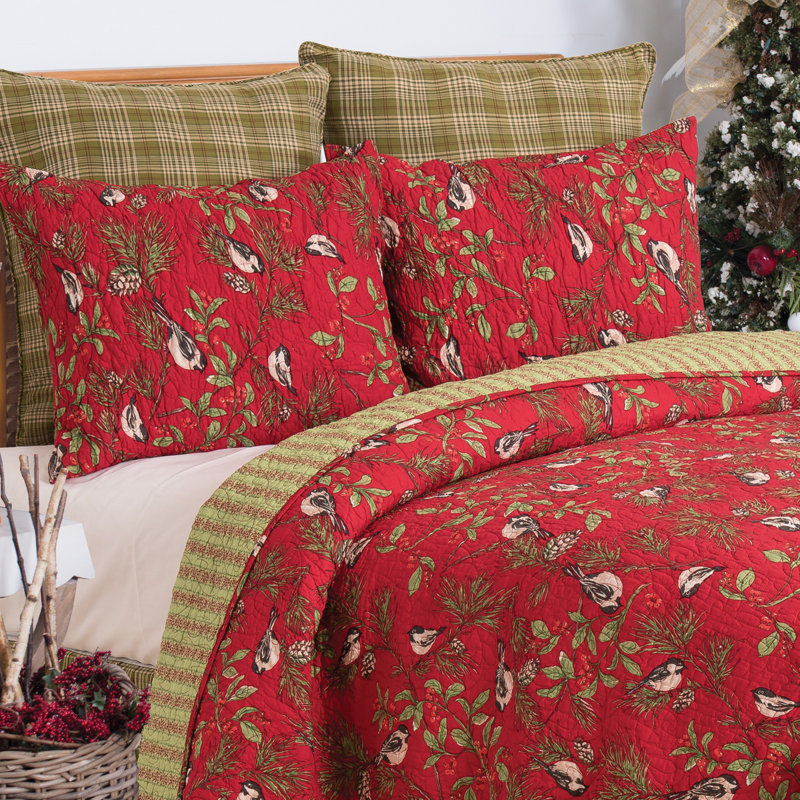 Chickadee Red Cotton Reversible Quilt Set, King Quilt + 2 Shams