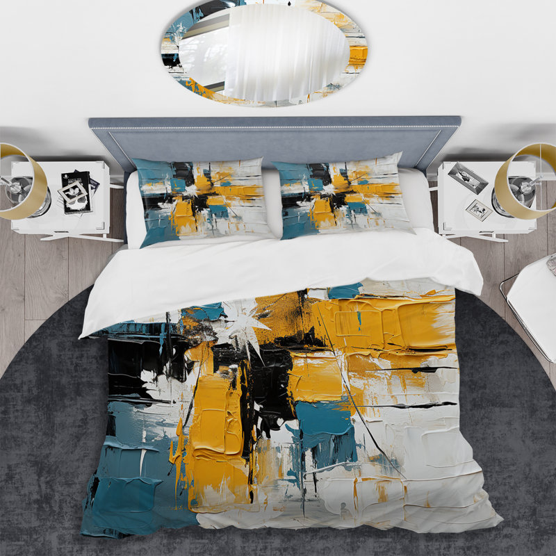 Peinture bleue et jaune Elegance I - Ensemble de housse de couette abstrait, Housse de couette pour très grand lit