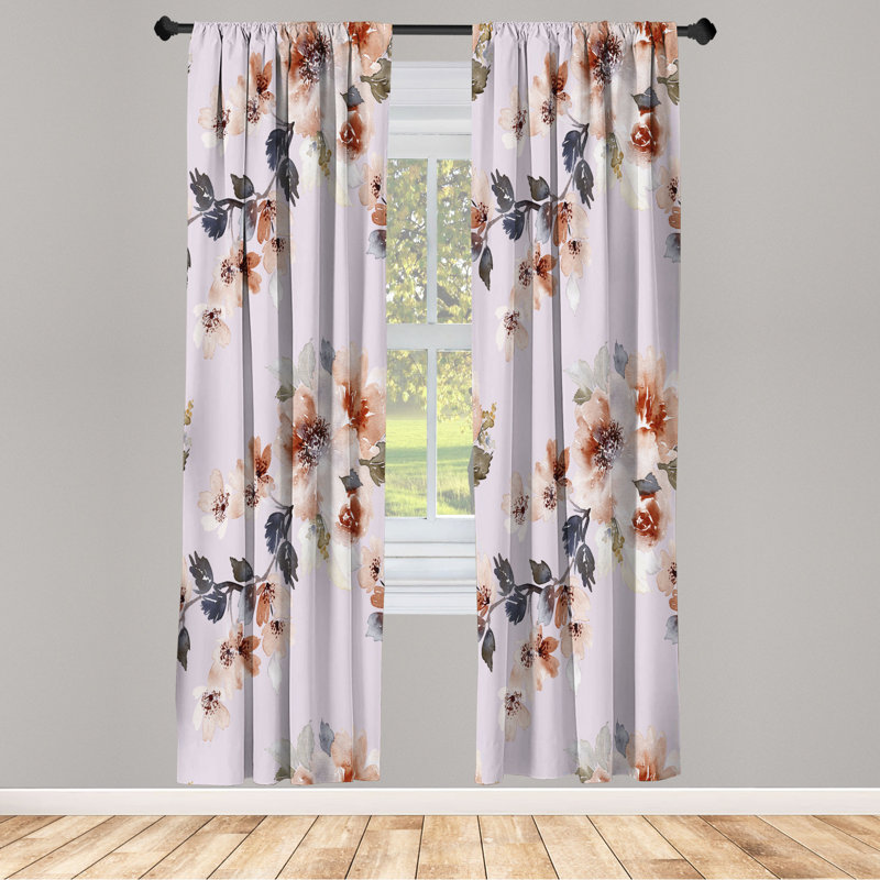 Microfiber Floral Semi-Sheer Rod Pocket Curtain Panels, 28" W x 84" L, White/Orange