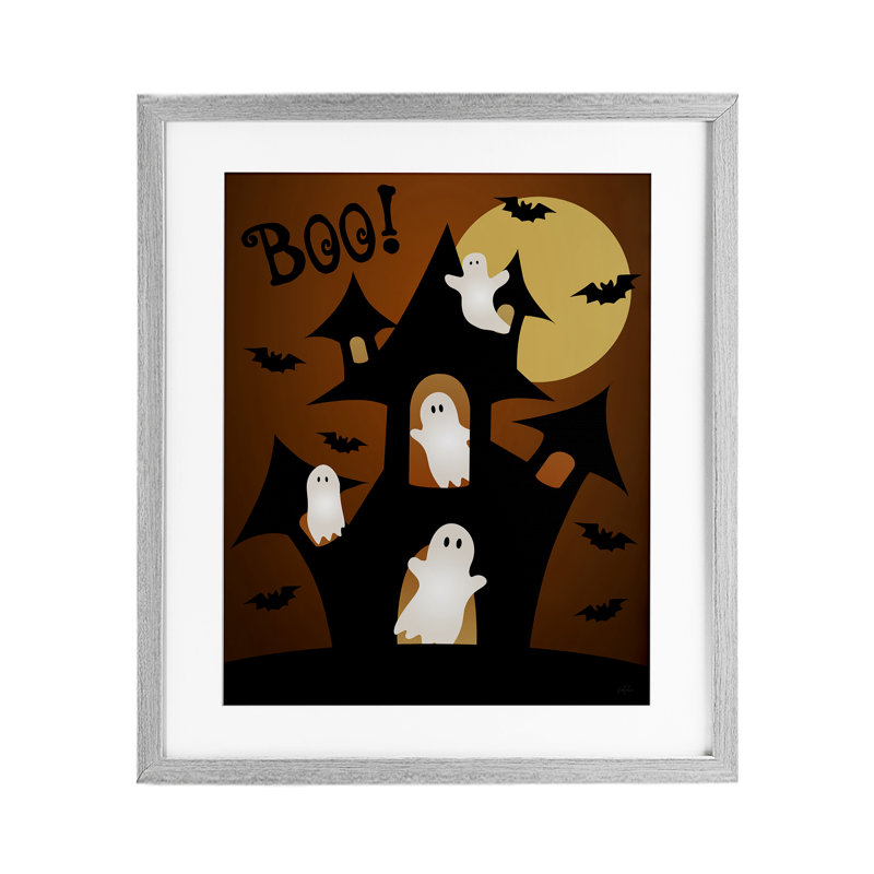 Ghostly Haunted House, reproduction encadrée sous verre, conception de Natalie Carpentieri, Cadre de ferme gris