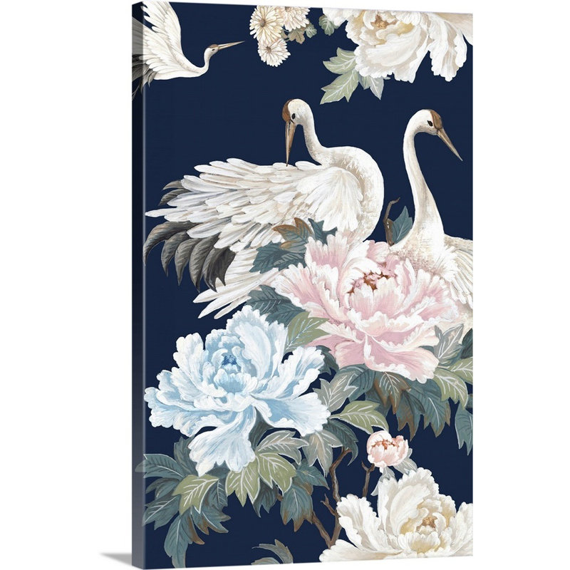 «Pearly White Cranes I» par Eva Watts - reproduction d'art, Toile tendue, H 48 po x l 32 po x P 1,25 po