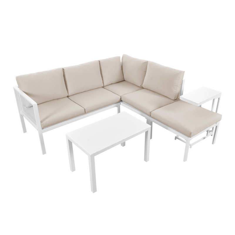 6-8 Seater Garden Furniture Package With A Coffee Table And A Removable Side Table, Beige, White