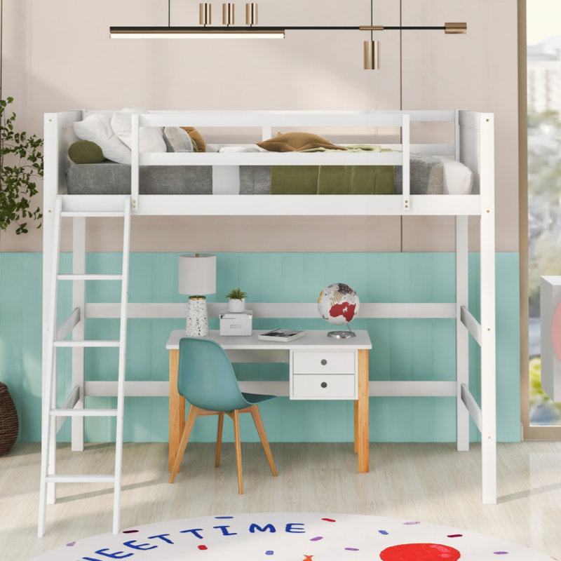 Lit mezzanine en bois avec échelle, Blanc