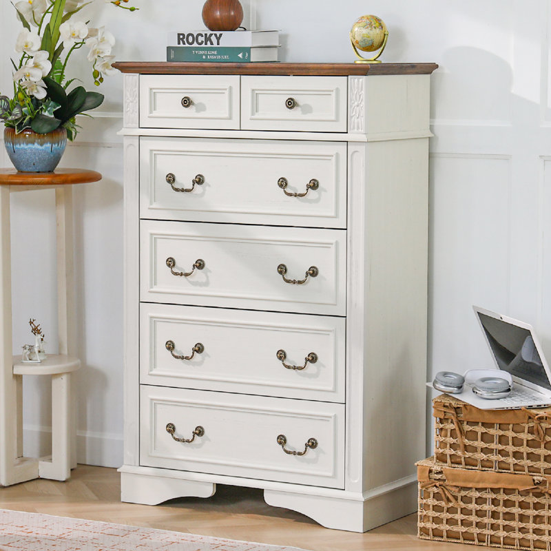 Commode 6 tiroirs 31,49 po, Blanc/noyer