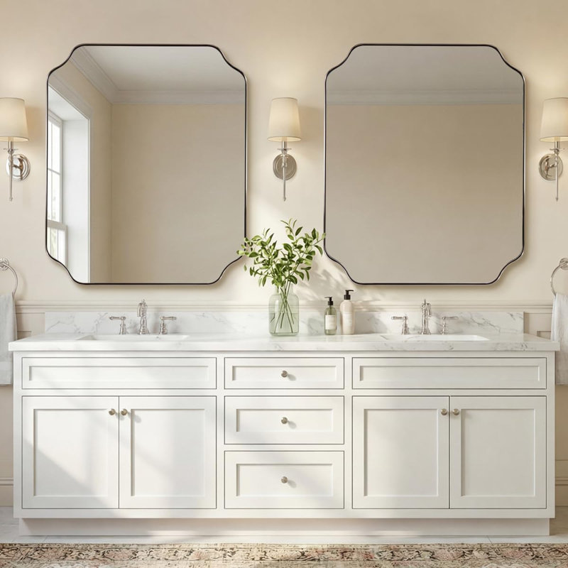 Modern Scalloped Corner Rectangle Bathroom Vanity Mirror | Stainless Steel Frame, Brushed Nickel, 36" x 30"