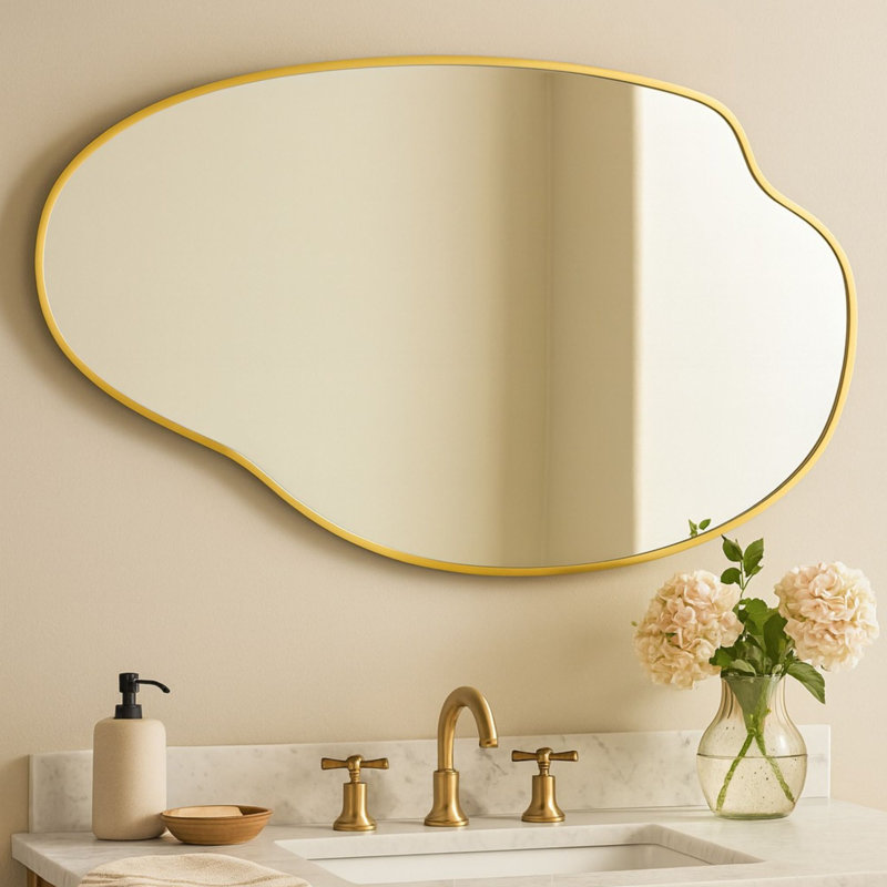 Vallia Brushed Gold Asymmetrical Irregular Wall Mirror ,22''x 34'' Unique Brass Frame Wall Mounted Mirror for Bathroom,Entryway,Nursery