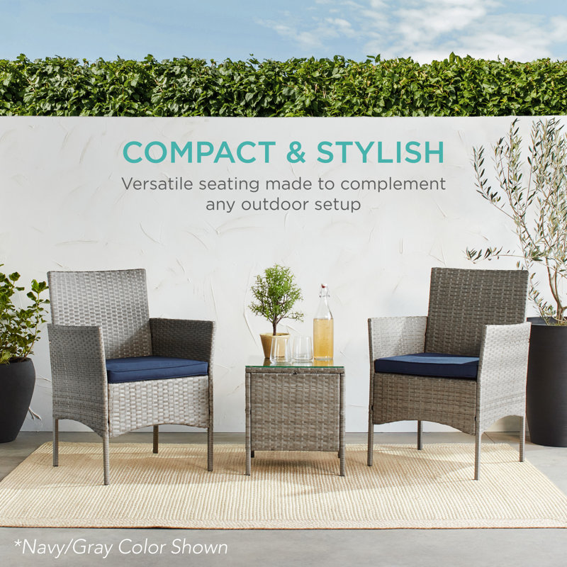  3-Piece Outdoor Wicker Conversation Patio Bistro Set, W/ 2 Chairs, Table - Taupe/Desert, Gray, Desert