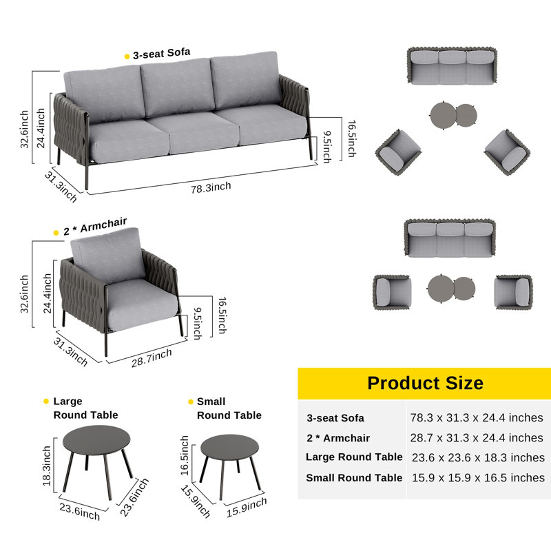 Earth Black and Misty Grey 5-Piece Outdoor Sofa Set with Round Tables
