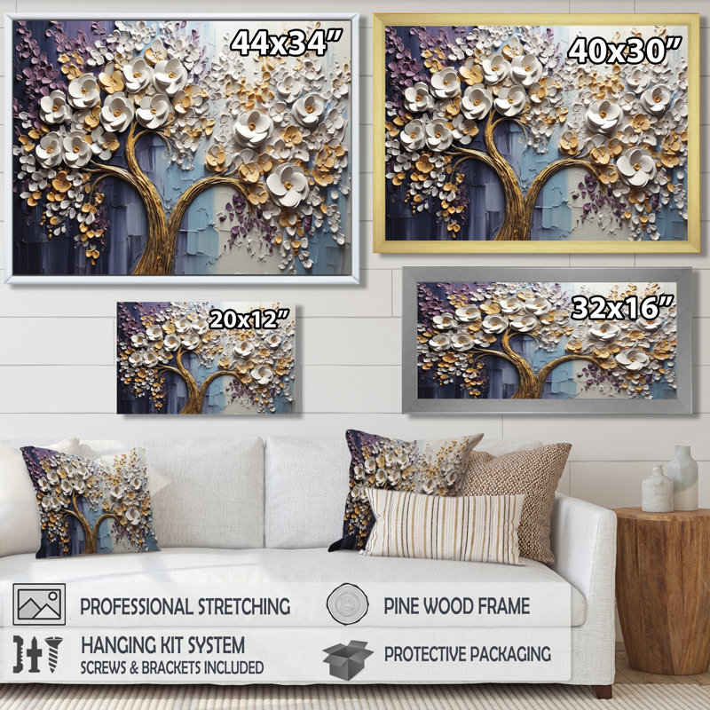 Arbre en fleurs avec fleurs blanches II, H 24 po x l 32 po, Cadre flottant noir, bois massif
