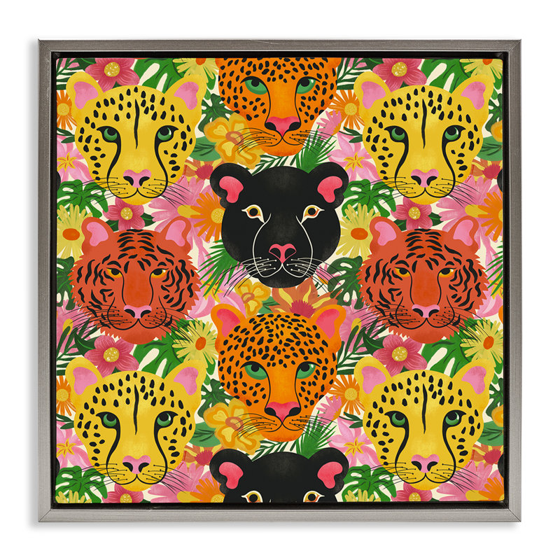 Cadre flottant Jungle Cats, par Carrie Cantwell, H 25 po x l 25 po, Cadre flottant gris lustré