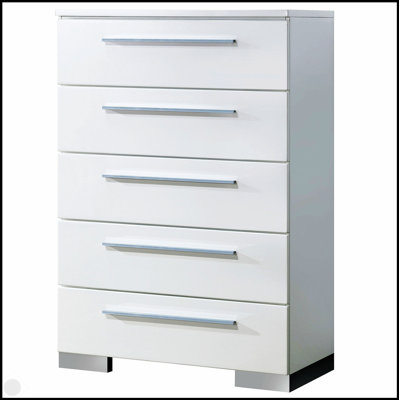 Contemporary Style 1Pc Chest With Five Dovetail Drawers, Chrome Handles, And High Gloss White Finish For Modern Bedrooms