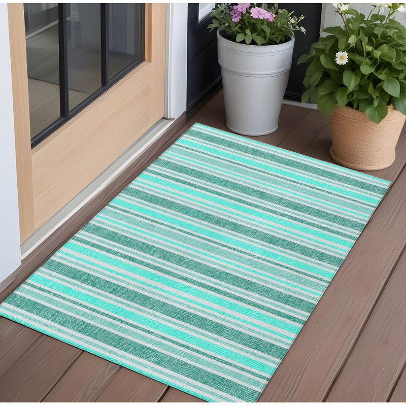 2' X 3' Turquoise Striped Washable Indoor Outdoor Area Rug