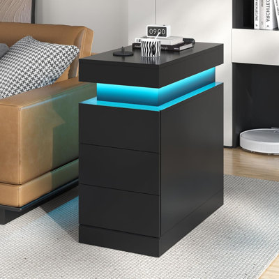 Narrow Nightstand With Sliding Top,  End Table With Charging Station And 3 Drawers For Small Space, Black