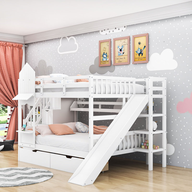 Kids Bunk Bed with 2 Drawers, Shelves and Slide, Full Over Full, White