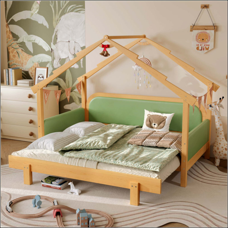 Wood Treehouse Bed With Soft Cushion Rails,For Kids, Green
