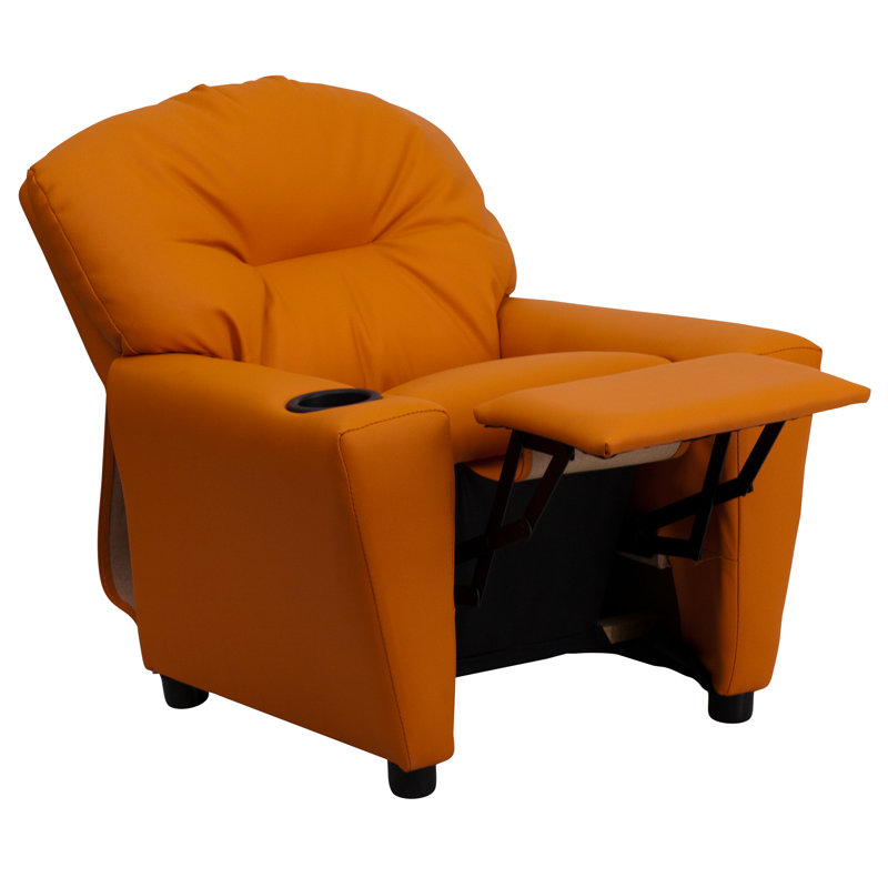 Contemporary Kids Recliner with Cup Holder, Vinyl - Orange